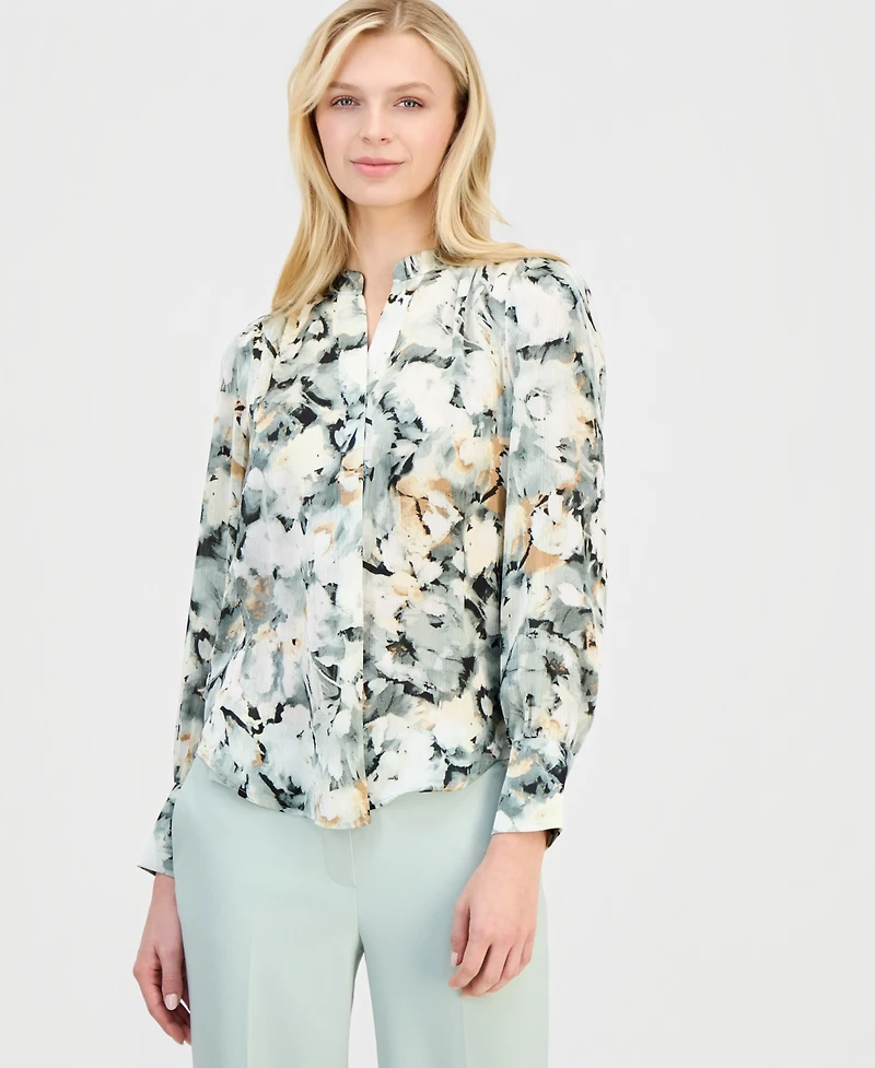 Anne Klein Women's Pleat-Front Long-Sleeve Blouse