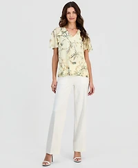 Anne Klein Women's Printed V-Neck Ruffle-Trim Top