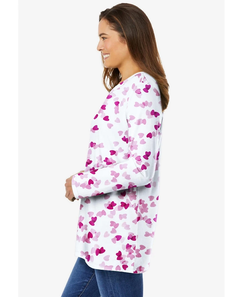 Woman Within Plus Perfect Printed Long-Sleeve Crewneck Tee