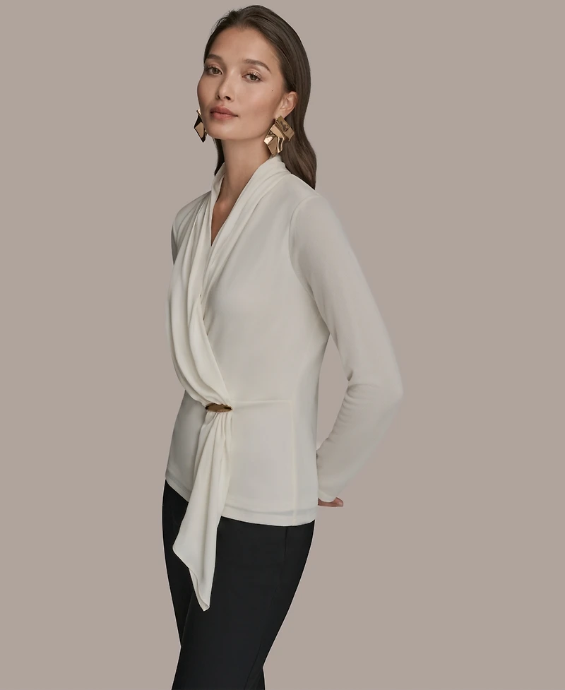Donna Karan New York Women's Long Sleeves Drape Neck Bar Hardware Top