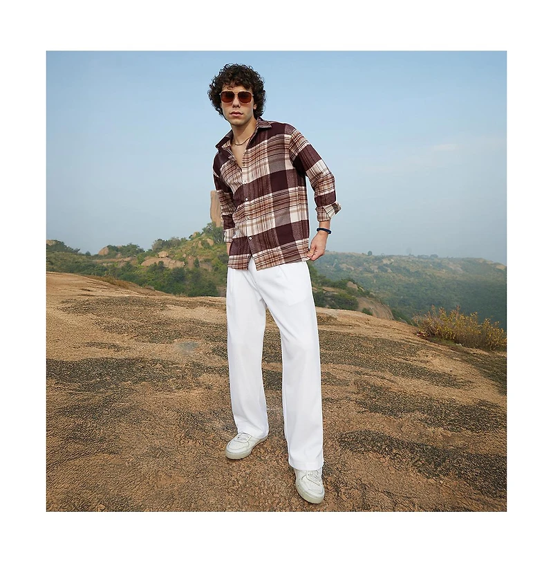 Campus Sutra Men's Mocha Brown Plaid Oversized Shirt