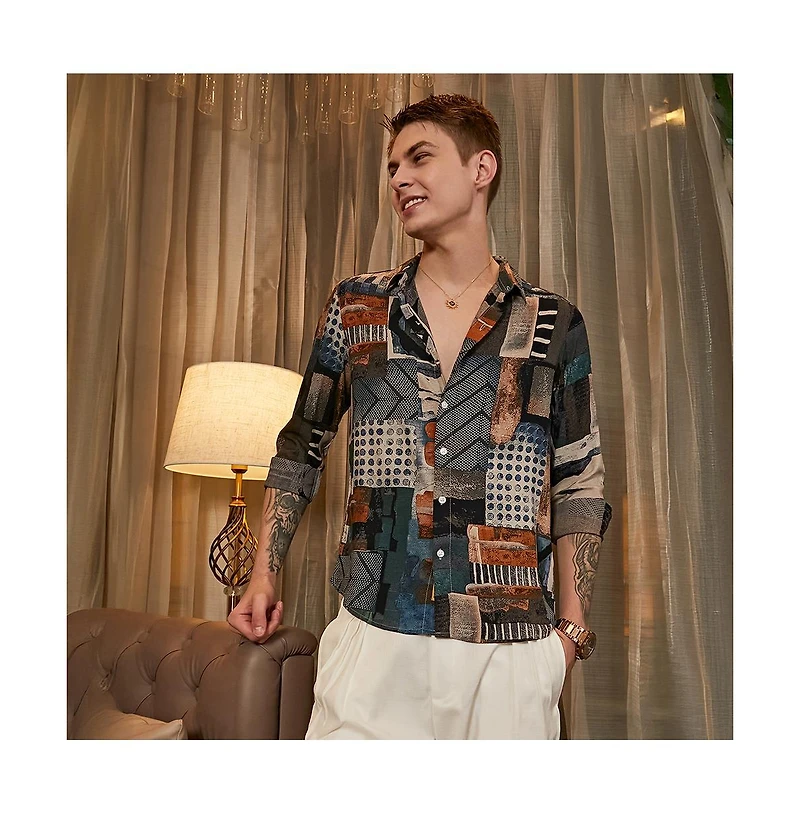 Campus Sutra Men's Indigo Blue & Coffee Brown Earthy-Abstract Shirt