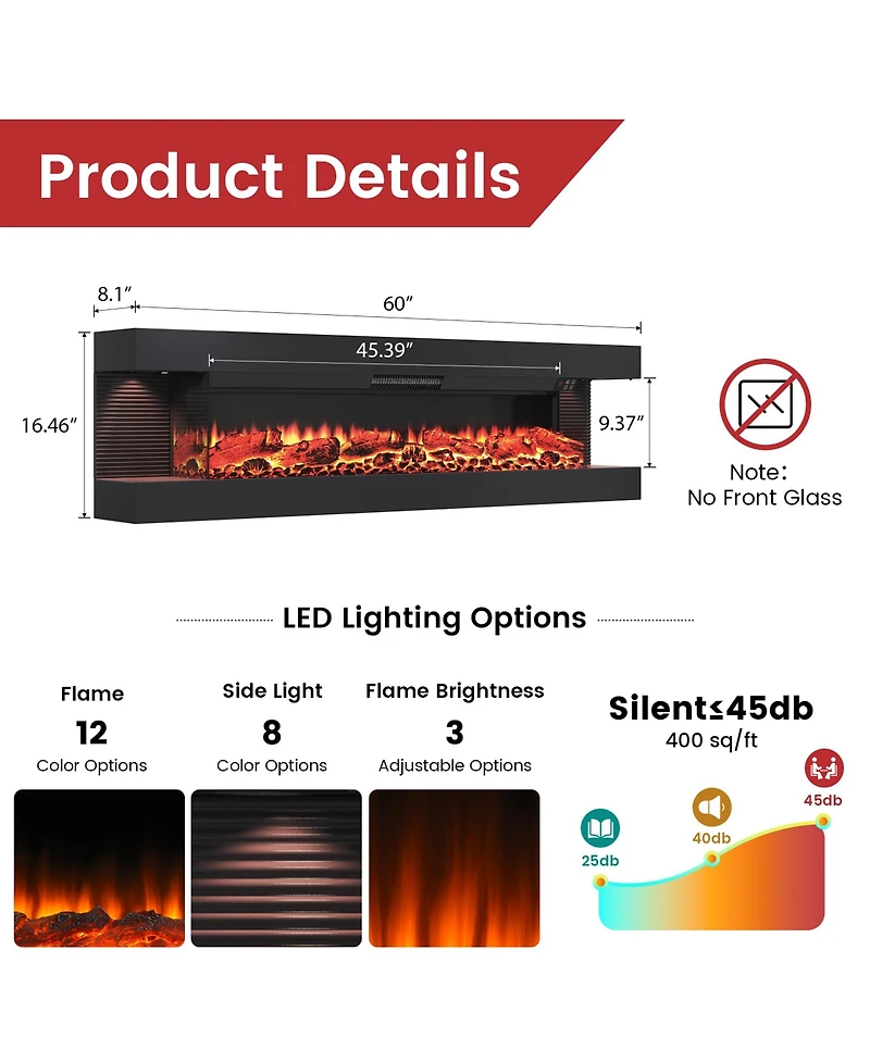Clihome 60 Inches Wall-Mounted Electric Fireplace With Led Lighted Mantel And Remote, Modern Indoor Heating Accent Fireplaces