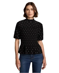 Lands' End Women's Bubble Sleeve Silky Knit Smocked Mock Neck Top