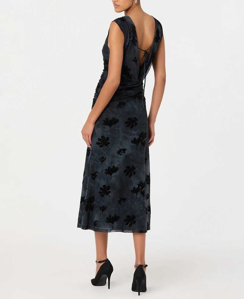 Astr the Label Women's Velvet Floral Mesh Boat Neck Midi Dress