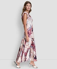 Dkny Women's Puff-Sleeve Printed Satin Bias Cut Dress
