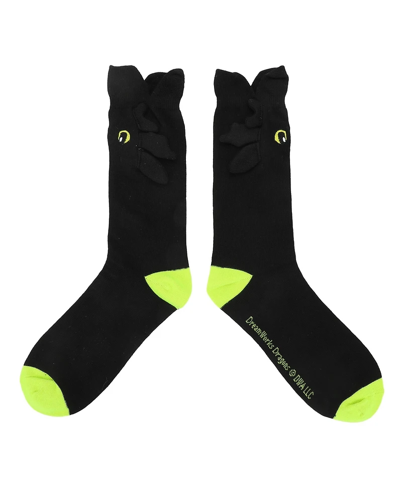 How to Train Your Dragon Men's Toothless Plush Character Heads Adult Black Casual Crew Socks -Osfa