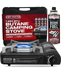 Portable Butane Camping Stove, Piezo Ignition 7,650 Btu Output, Wind-Guard Portable Stove Burner with Portable Carrying Case for Emergencies, Trips