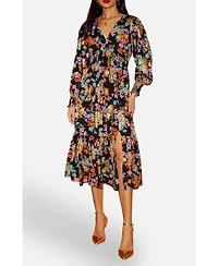 Yumi Women's Floral And Foil Ruched Midi Dress