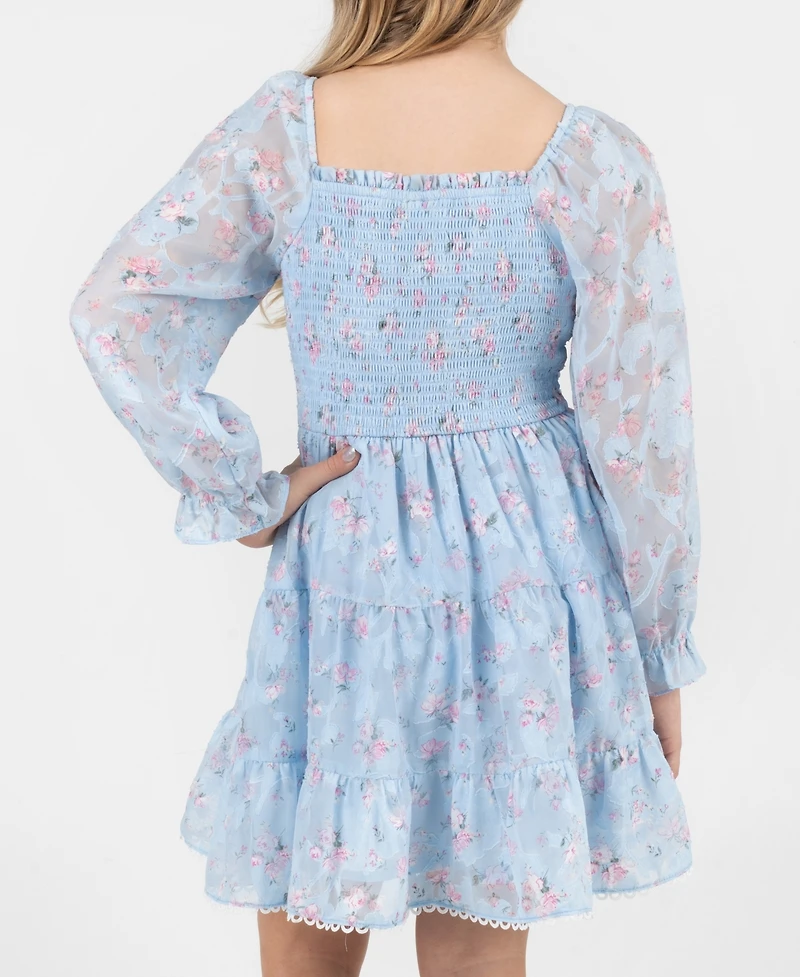 Rare Editions Girls' 7-16 Floral Burnout Chiffon Long-Sleeve Dress