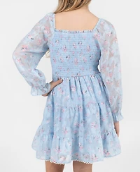 Rare Editions Girls' 7-16 Floral Burnout Chiffon Long-Sleeve Dress