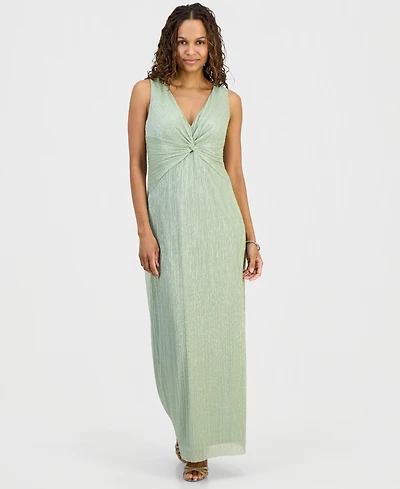 Connected Petite Metallic V-Neck Twist-Front Gown