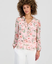 Kasper Women's Printed Clip Dot Ruffled Blouson-Sleeve Blouse