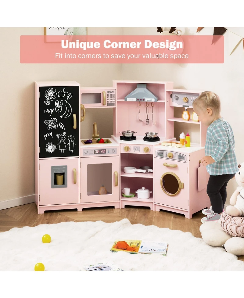 Gymax Corner Kids Play Kitchen Wooden Pretend Toy Kitchen w/ Realistic Lights