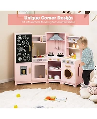 Gymax Corner Kids Play Kitchen Wooden Pretend Toy Kitchen w/ Realistic Lights