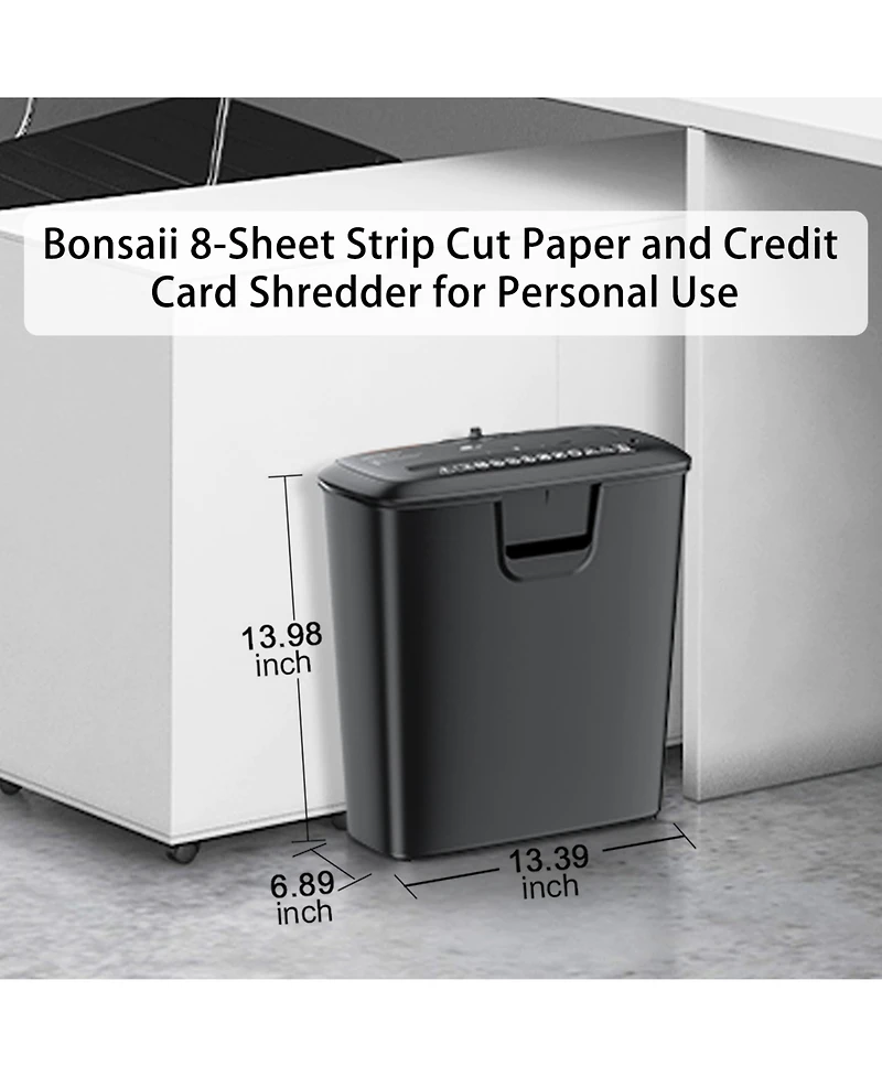 Bonsaii 8-Sheet Strip-Cut Shredder for Home Office, Shreds CDs/Credit Cards, with Overheat Protection and 3.4-Gallon Wastebasket