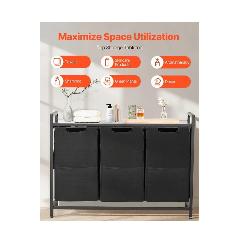 Slickblue Laundry Sorter Cart with 3 Bags, Metal Frame, and Wood Top