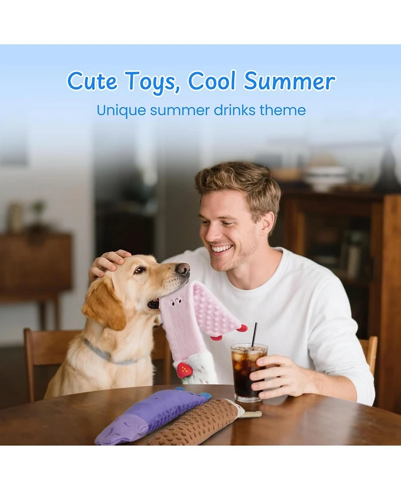 Nocciola 3-Pack Summer Drink Dog Toys – squeaky, crinkle, durable tug fun for all dogs!”