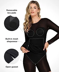 Popilush Women's Shapewear Mesh Long Sleeve V-Back Slimming Maxi Dress