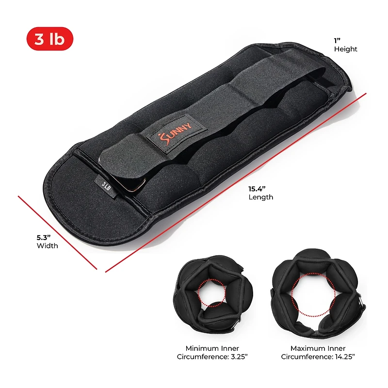 Sunny Health & Fitness Ankle Weights 3 lb, Pair, Black