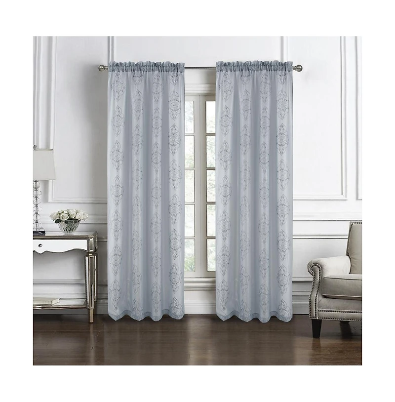 Rt Designers Collection Andrea Emb Metallic Doily Rod Pocket Room Darkening Curtain Panels for Bedroom 54" x 95" Silver