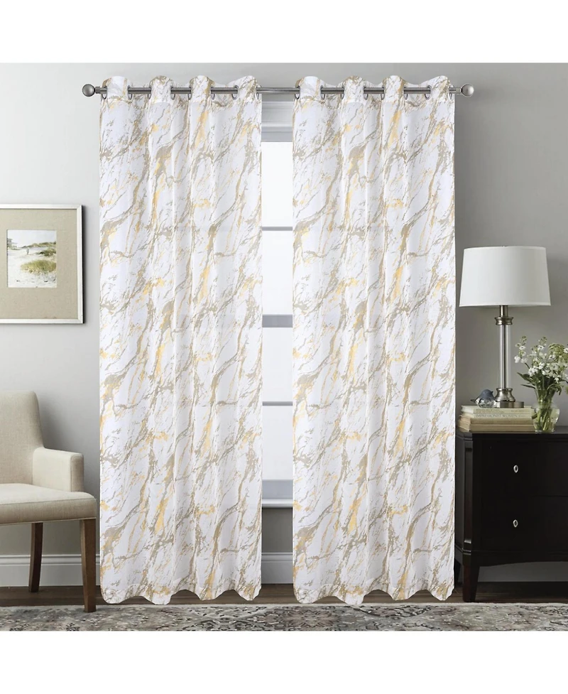 Rt Designers Collection Marble Grommet Metallic Sheer Printed Doily Curtain Panel Pair