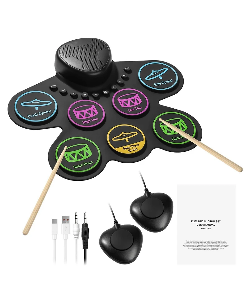 Mecale Electric Drum Set, 7 Pads Roll-Up Electronic Drum Kit with Headphone Jack, Built-In Speakers & Drum Sticks for Kids Practice