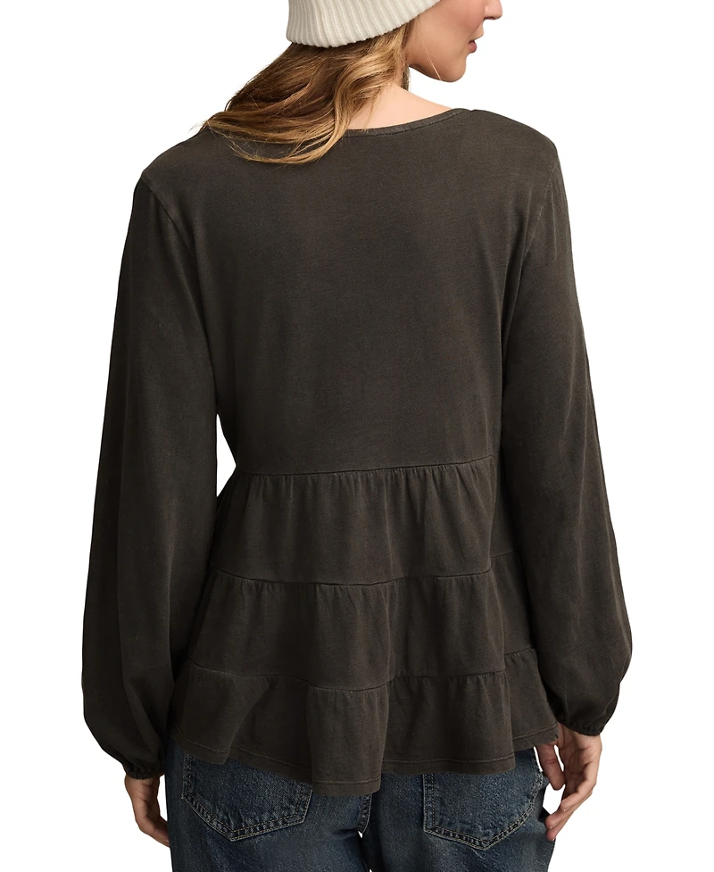 Lucky Brand Women's Embroidered Yoke Tiered Long-Sleeve Top