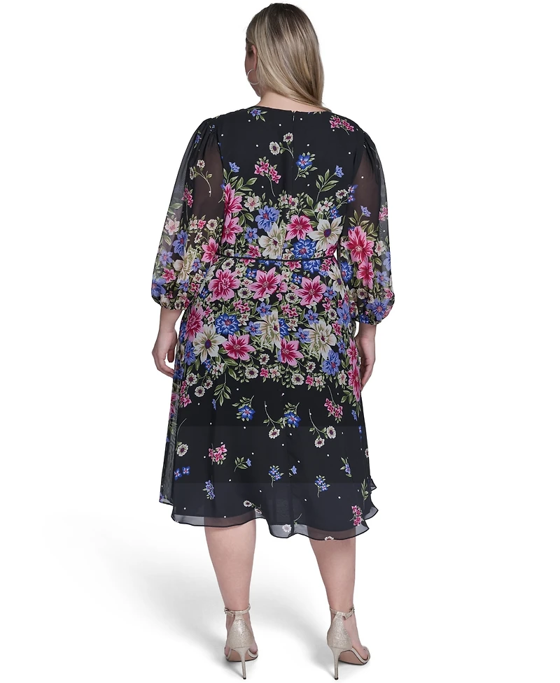 Jessica Howard Plus Jewel Neck Balloon Sleeve Midi Dress