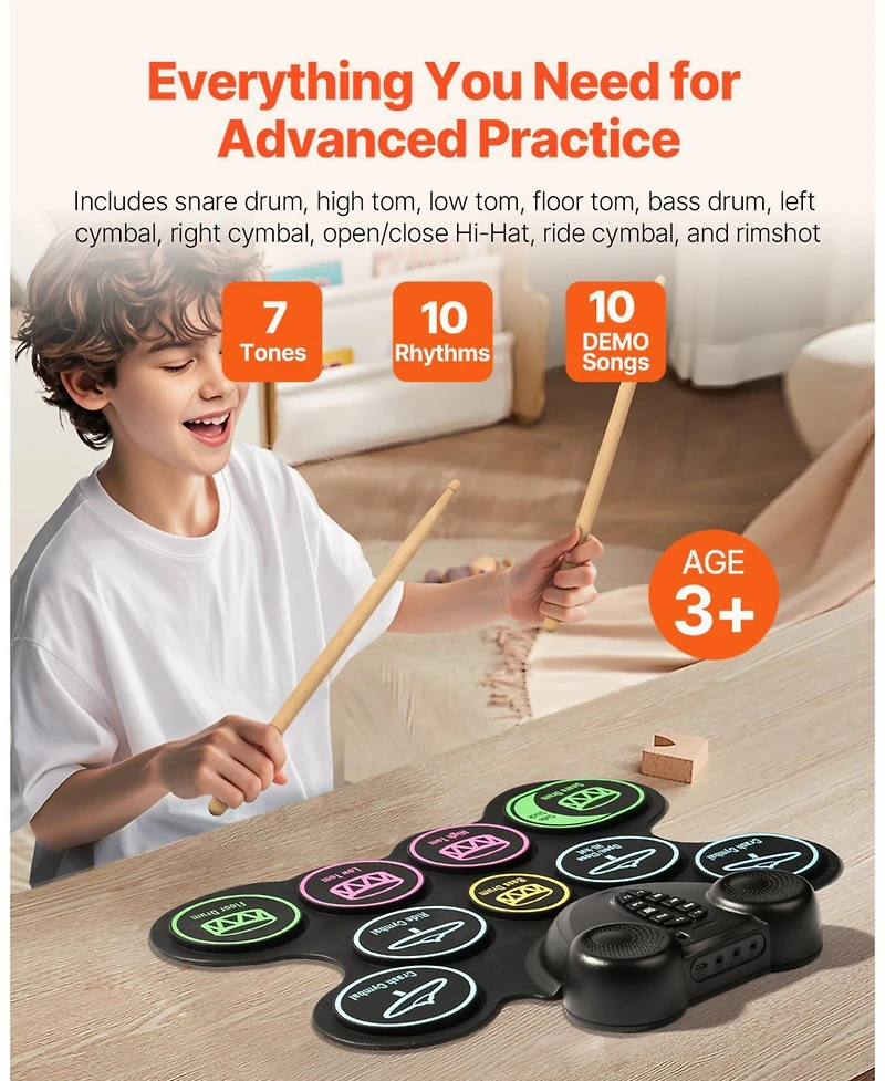 Mecale 9-Pad Roll-Up Electric Drum Set with Pedals, Speakers and Midi Support