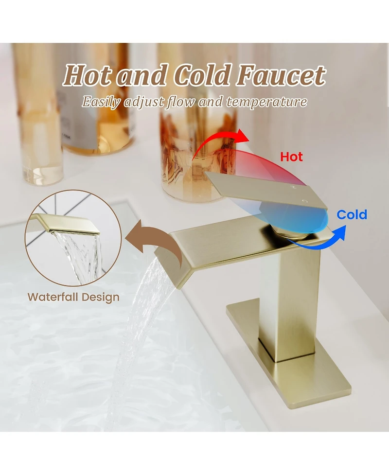 Single-Handle Waterfall Bathroom Faucet, Lead-Free 304 Stainless Steel Sink Faucet with Cold/Hot Water Function