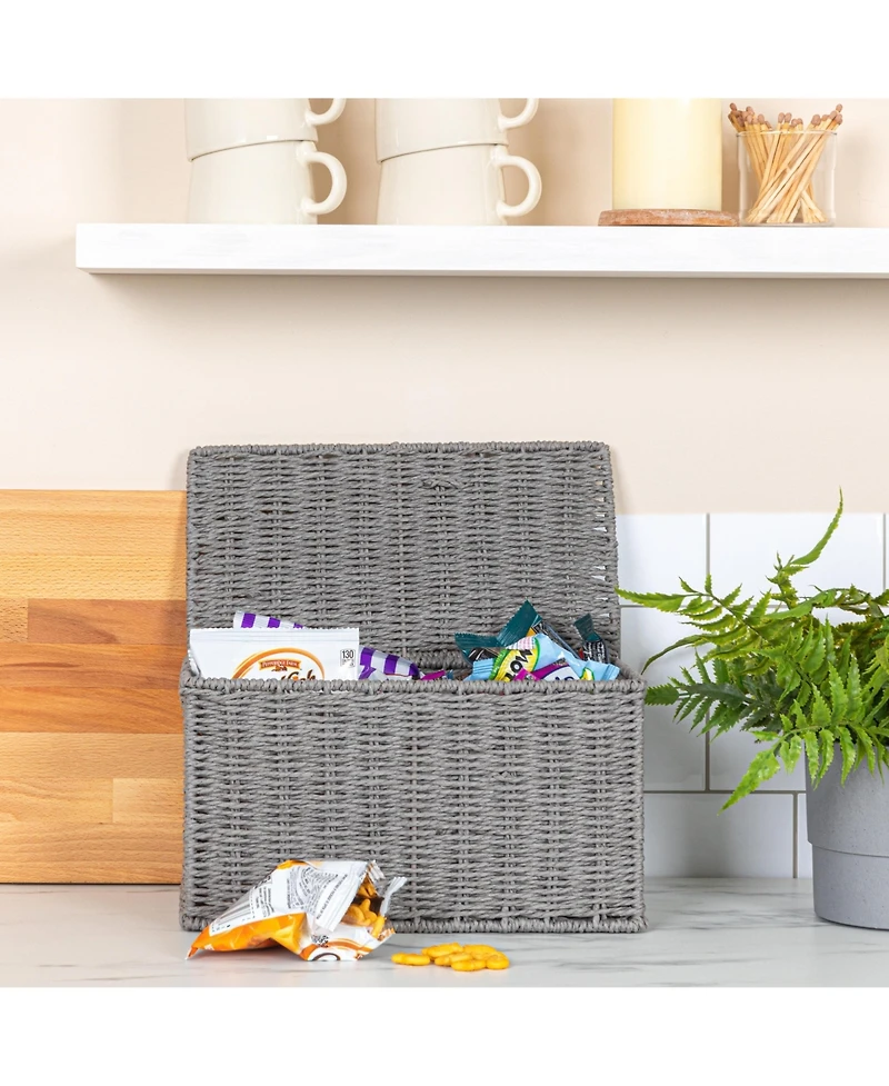 Household Essentials Small Handwoven Paper Rope Wicker Basket with Lid, Grey