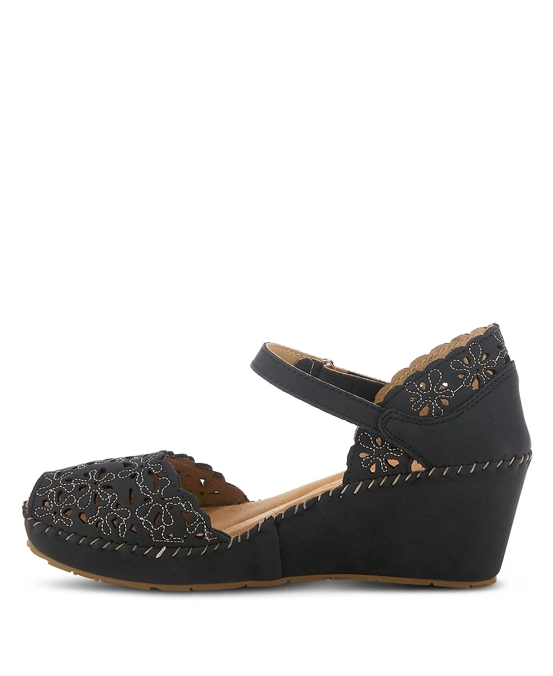 Patrizia Women s Gennina Embroidered Laser-Cut Peep-Toe Wedge with Adjustable Strap
