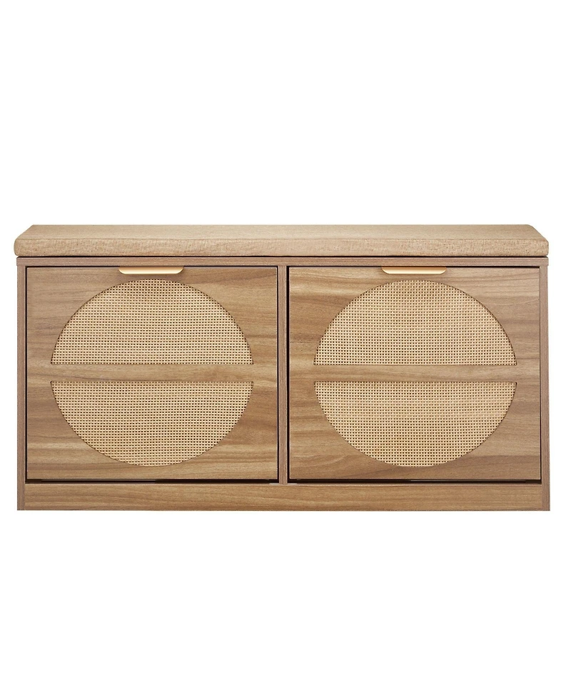 Slickblue Entryway Shoe Bench with Flip Drawer and Rattan-Style Rack