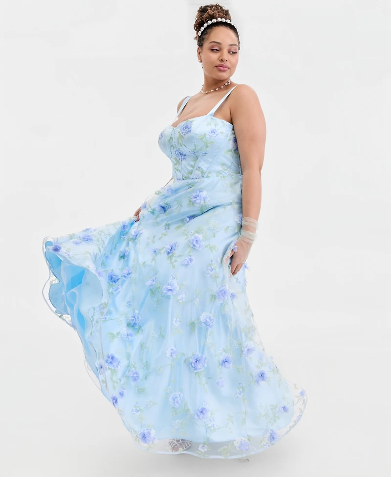 Say Yes Trendy Plus Floral Print Applique Gown, Created for Macy's