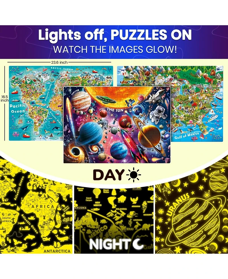Quokka 100 Puzzles for Kids Ages 4-8 – Glow-in-The-Dark Usa Map World Map and Solar System – Geography Learning Toys