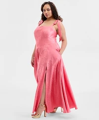 B Darlin Trendy Plus Shoulder-Tie Side-Slit Gown