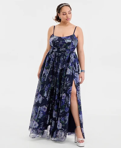 City Studios Trendy Plus Sequined Floral Ball Gown