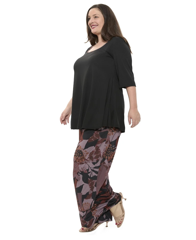 24seven Comfort Apparel Plus Floral Print Scoop Neck Elbow Sleeve Tunic Swing Top and Pant Set
