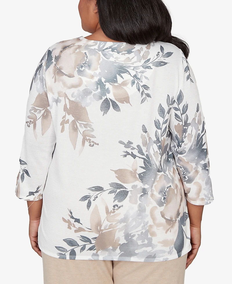 Alfred Dunner Plus Comfort & Joy Asymmetrical Floral Border Crew Neck Top