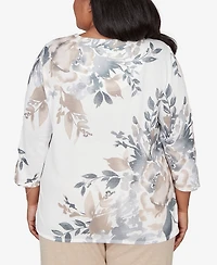 Alfred Dunner Plus Comfort & Joy Asymmetrical Floral Border Crew Neck Top