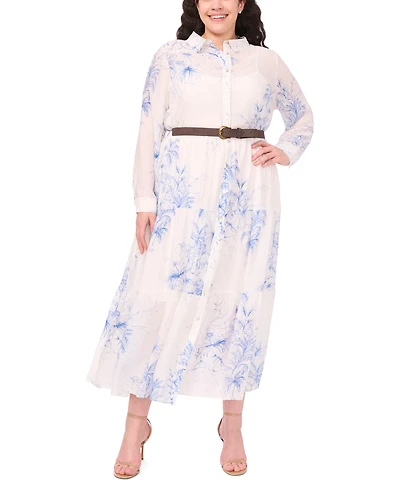 Msk Plus Floral Print Long-Sleeve Belted Maxi Dress