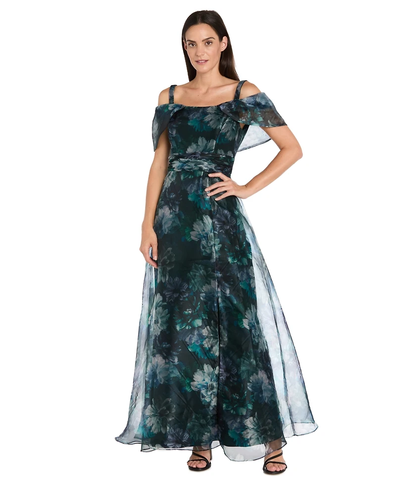 R & M Richards Women's Cold Shoulder Print Organza Capelet Band Dress