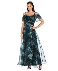 R & M Richards Women's Cold Shoulder Print Organza Capelet Band Dress