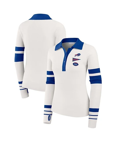 Wear by Erin Andrews Women's White Buffalo Bills Ribbed Henley Polo Sweater