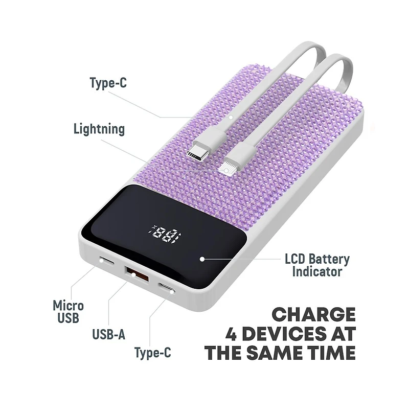 GabbaGoods 10,000mAh Rapid Charging Power Bank with Lcd Battery Display, 2 Buillt-In Cables, Bling Design