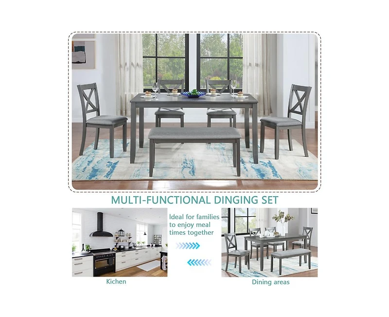 Casainc 6-Piece Grey Kitchen Counter Set with Rectangular Wooden Dining Table 4 Padded Chairs and Bench