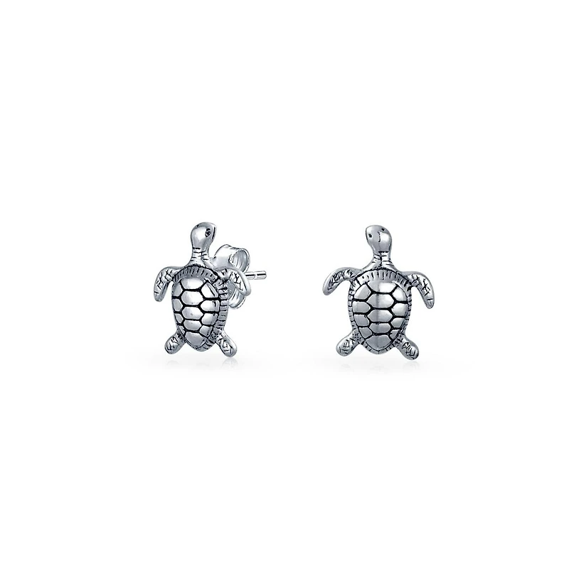Bling Jewelry Tiny Nautical Sea Tortoise Beach Turtle Pendant Necklace & Stud Earrings Jewelry Set Oxidized Sterling Silver