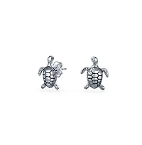 Bling Jewelry Tiny Nautical Sea Tortoise Beach Turtle Pendant Necklace & Stud Earrings Jewelry Set Oxidized Sterling Silver