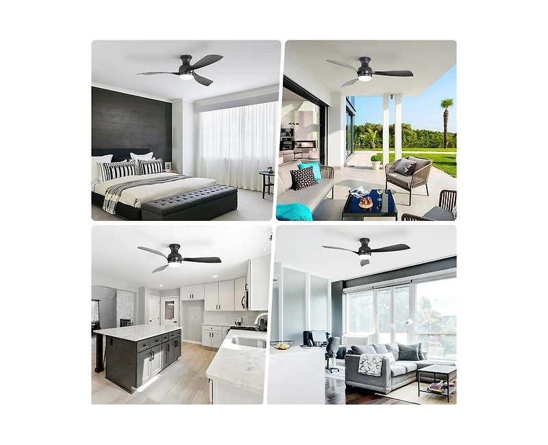 Sofucor 52-inch Modern Black 3-Blade Flush Mount Ceiling Fan with Led Light and Remote Control